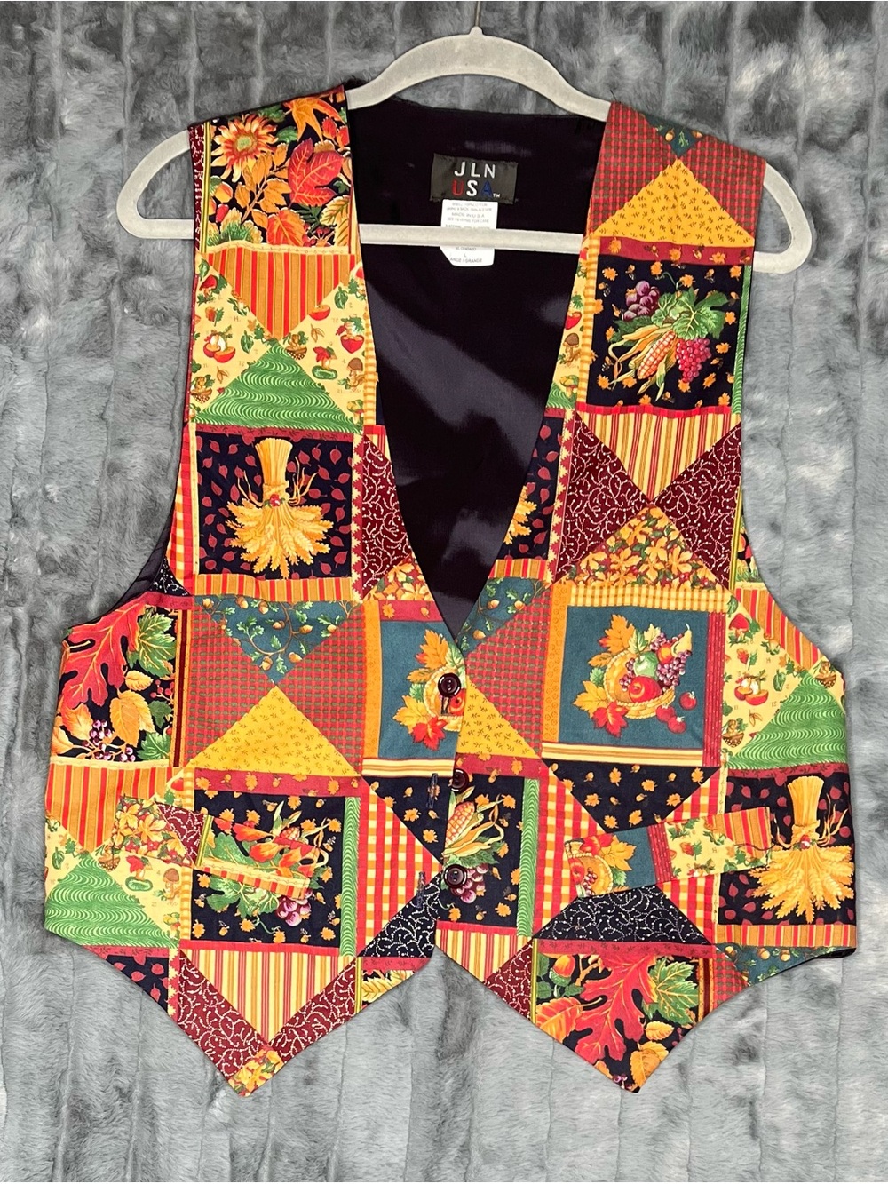 Vintage JLN USA Patchwork Fall Harvest Vest Women’s L 90s Folk Art Cotton USA